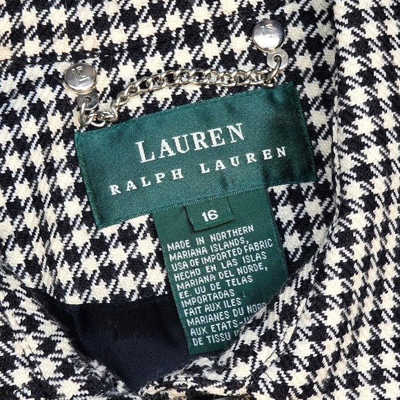 Lauren Ralph Lauren Black Ivory Houndstooth 100% Wool Zip Blazer Jacket Size 16 - Picture 3 of 10